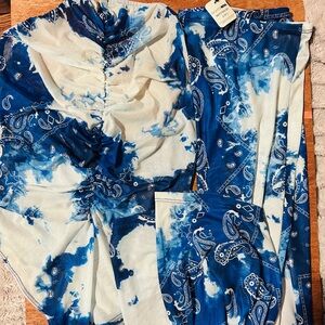 Fashion Nova Royal Blue and White Mesh onesie halter and matching Pant Set xl